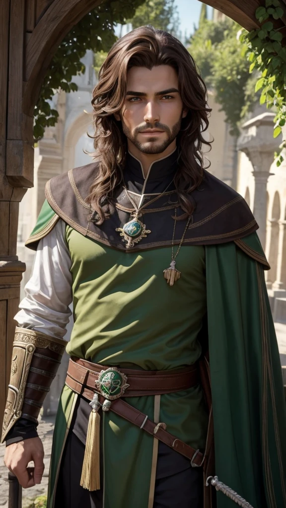 Dieu homme médiéval fantasy, brun cheveux courts, yeux verts