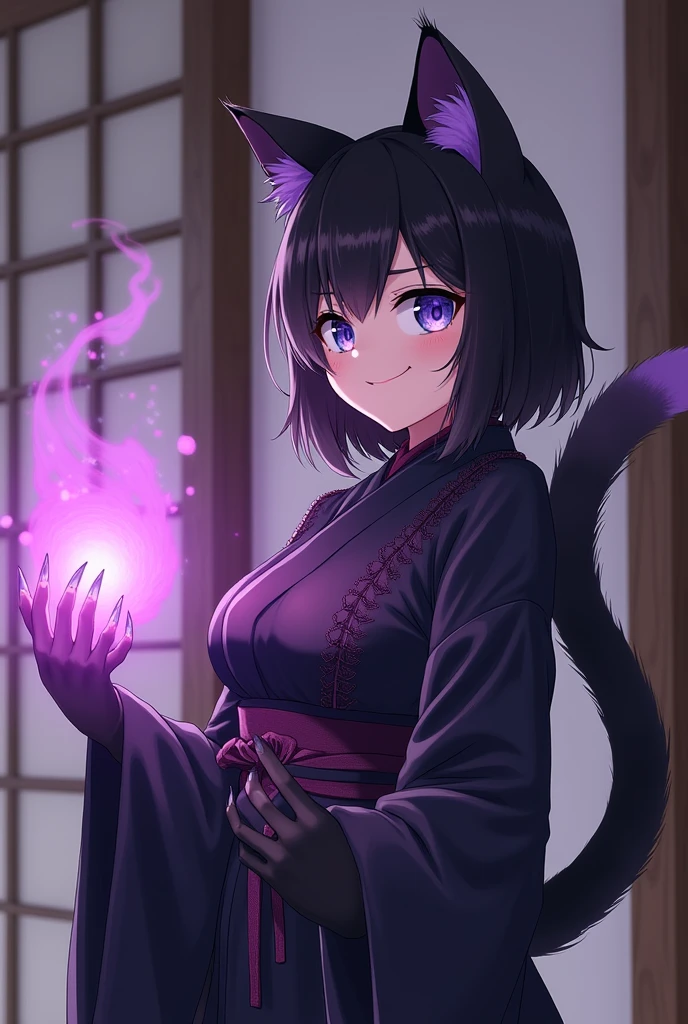 furry cat girl, anime western style art, small cat ears, cat whiskers, cat whiskers on face, fur covered succubus tail, medium sized breasts, blue slightly violet colored cat eyes, thin slit irises, thin iris, violet magical aura, small closed lip smile, mischievous smile, medium to small size body, black kimono laced with dark purple linen, angle on the left side, black furry body, black fur covered body, violet claws, furry person, paws, toe-beans, cat face, furry face, multiple tails, Japanese background