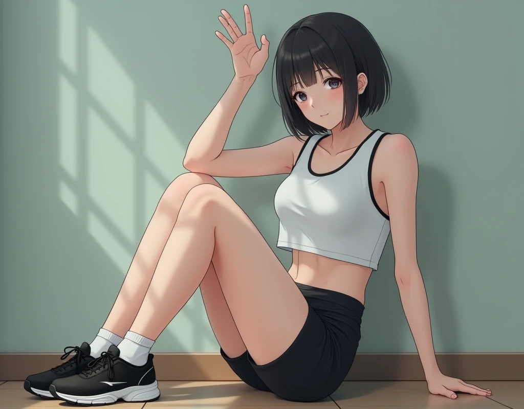 Realistic glowing skin, (発Sweat:1.8),sitting backwards,Look back at your face,Always look at the camera,(発Sweat:1.8),(Beautiful nipples in real life:1.6),,(whole body:1.9),(発Sweatしたリアルな白い肌:1.9),White socks, (black running shoes:1.8),
,Cold look,Cold Stare,Black Hair,short hair,Tie your hair short,Silky translucent white skin,,(Very detailed美しい顔), Great face and eyes, (Highest quality:1.4), (Very detailedな), (Very detailed CG 統合 8k 壁紙), Very detailed, High resolution raw color photos, Professional photography, Realistic portrait,Sweat,,(A Cup:1.9),(Flat Chest:1.9),(Very small breasts:1.9),(Breast augmentation:0.1),(Small breasts beginning to swell:1.9),(Breasts during puberty:1.9),
, (少女のwhole bodyの詳細なRAW写真), Canon EOS R5 250mm, Sharp focus, Cinema Lighting, (No makeup:1.2), Fine skin, Delicate collarbone,,(Ultra-high resolution:1.6), (Realistic:1.6),,(Japanese girls:1.9),(whole body:1.8),(Sweatが滴る肌:1.9),(The lower half of the body is black athletic wear:1.9),(Sweatで滲んだ肌:1.9),(Age is :1.9),(Raise one hand above your head:2),(The upper body is white athletics wear:1.9),Height is 155cm,Non-erect, thin nipples,very small nipples,Natural nipples,Real girl nipples,Not disgusting nipples、 (Armpit hair just starting to grow:1.9),(sit cross-legged:1.9),Sitting cross-legged,Sit, (Sitting cross-legged:1.9),