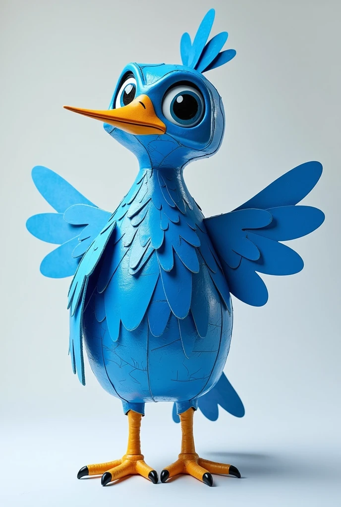 Blue Tilonorinco bird avatar that is made with parts of recyclable things like paper, bottles and cans that face forward and have one wing raised in an animated greeting for you to follow
