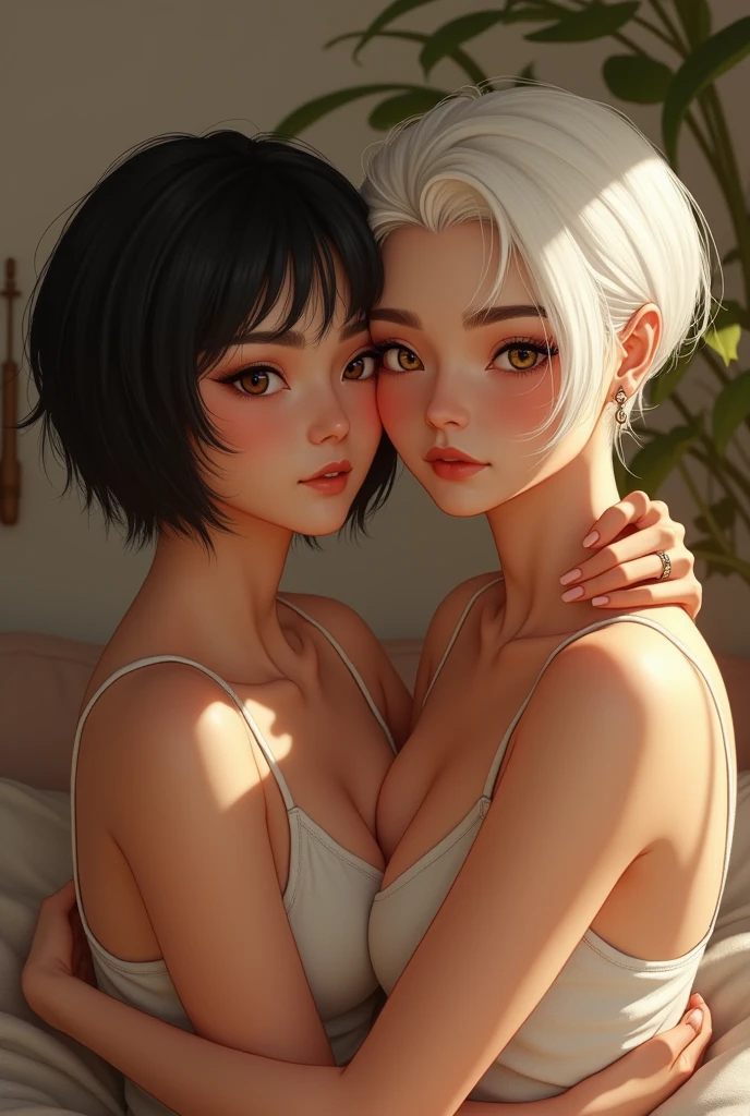 Lesbian couple, Chinese with a Brazilian, Chinese woman having short hair and black eyes with gold, Brazilian woman having white hair and shaved on the side with golden eyes, hugging
