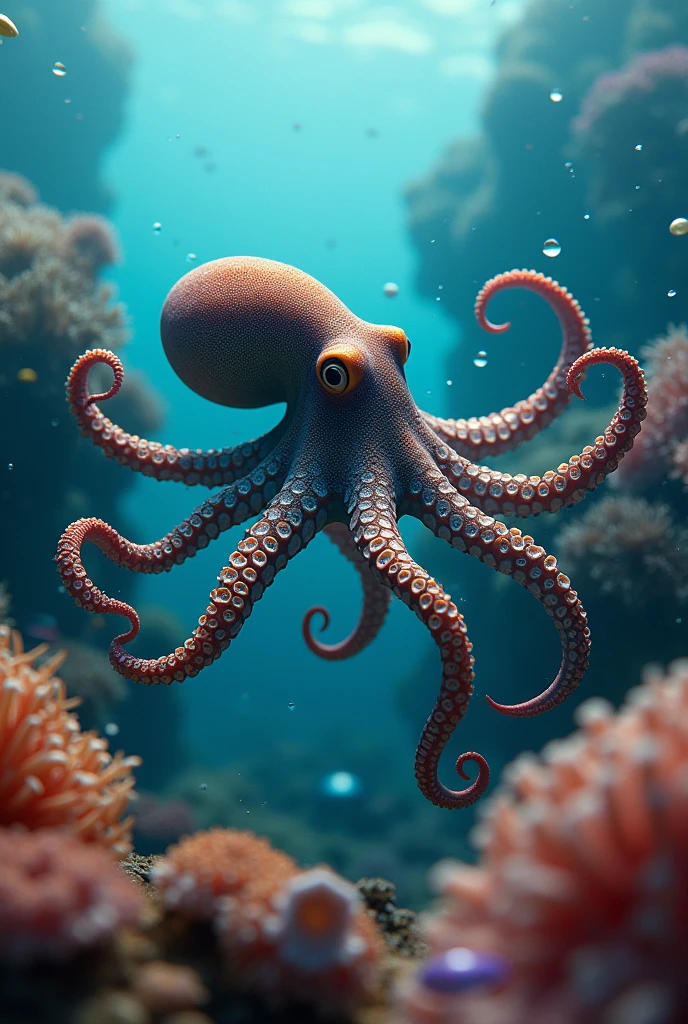 octopus, corals in the background, ocean, haze, dramatic lighting , cinematic lighting, best qualityer, hyper realist, highy detailed