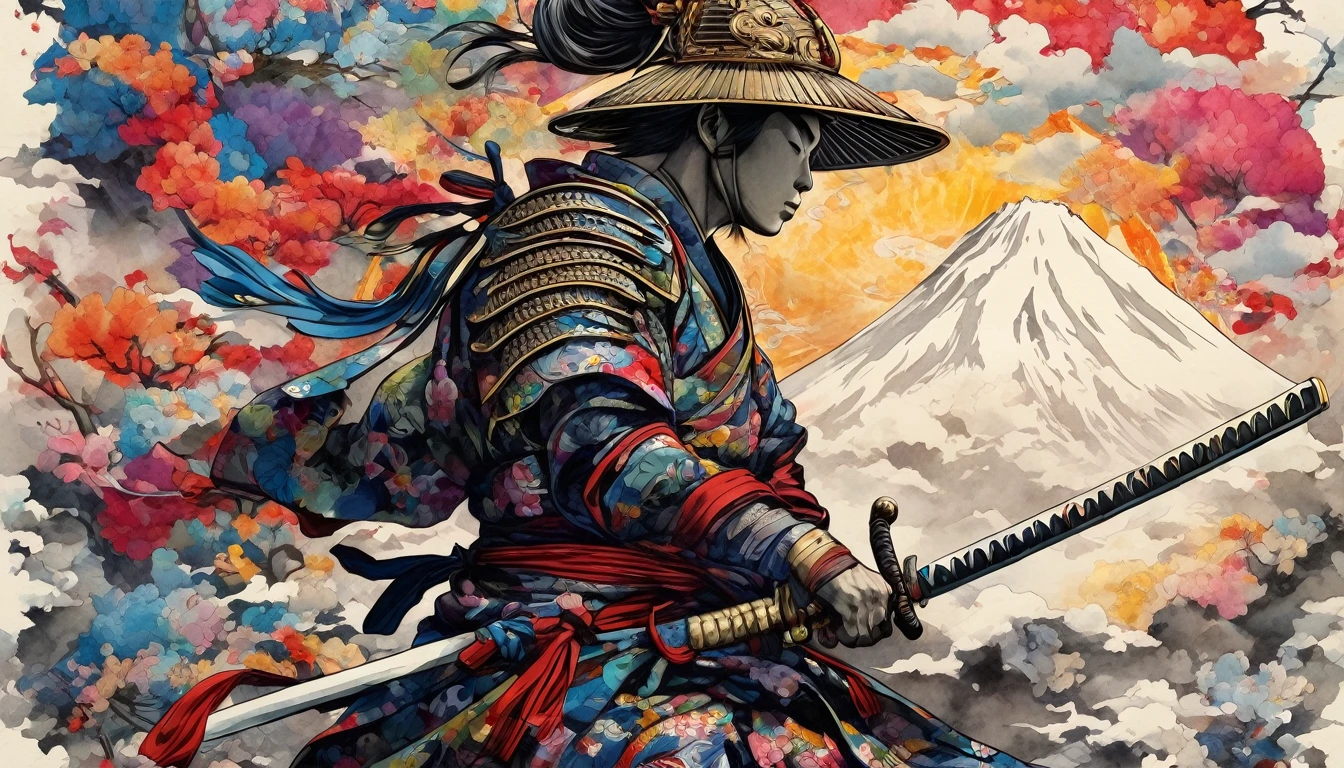 A fusion of watercolor and oil painting, A fusion of paper cutting and shadow art, Mix of Japanese paintings, Ukiyo-e and woodblock prints, Mixing monochrome and color, Conceptual installation art, nice (Helmet, armor, armor), warrior, Haori and Hakama, Glowing Japan sword, horizontal line, (Super detailed, The absolute solution, Highest quality:1.3), 2.5D, delicate and dynamic, artistic, Hyper, Graphics CG Digital Art, The background is old Japanese paper with a rainbow pattern.,Hinomaru and Mt. Fuji