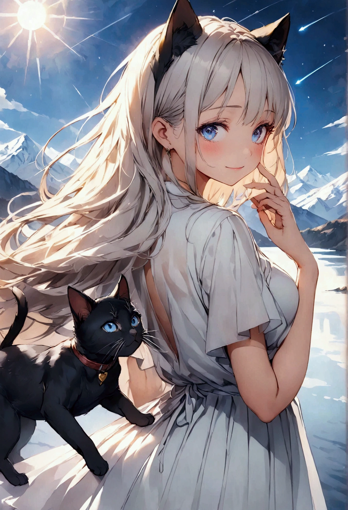 woman, Calm expression, Captivating eyes, Blue Eyes, Wavy long hair, Grey Hair, Black cat ears, Kemomimi, loose fitting dress, Calm posture, Touching your ears with your hands, Porcelain-like skin, A faint blush, (Rim Light):1.2, Warm tones, Solar flare, Soft Shadows, Vibrant colors, Painterly effect, Very detailed, Official Art, 8k wallpaper
, Standing in the middle of the lake ,BREAK (Anatomically Modified), healthy thin legs, Look here, A distant view, Back view, Snow Mountain, Night Sky, shooting star