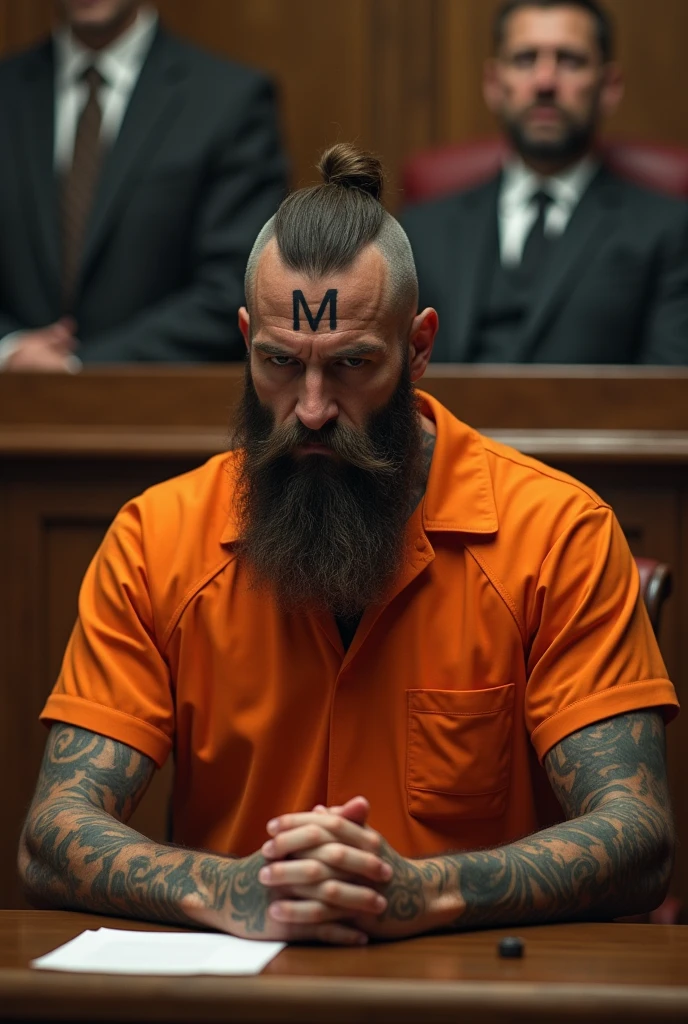 Create an image of a man in orange prison clothes, bearded and tattooed with an M on his forehead, sitting down and being sentenced with thick chains around his neck and also with his hands clasped together. 