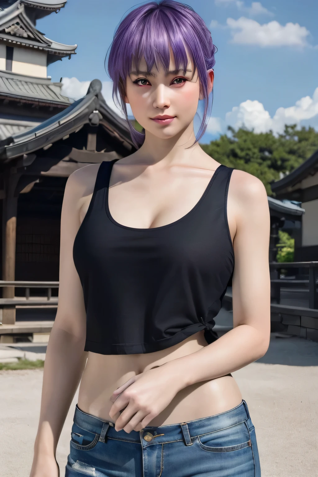 Ayane, casual, beautiful, Himeji castle, Tank top, String,(Highest quality,High resolution,Very detailedな,Realistic:1.2),Very detailed、Very detailed、32K、8k resolution、Intricate details、Movie Scenes、Detailed Background、One person,Cowboy Shot