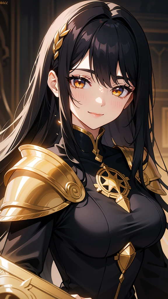 detailed,((mature woman)),detailed face,long black hair,fantasy,black dress,armor,warm smile,golden eyes