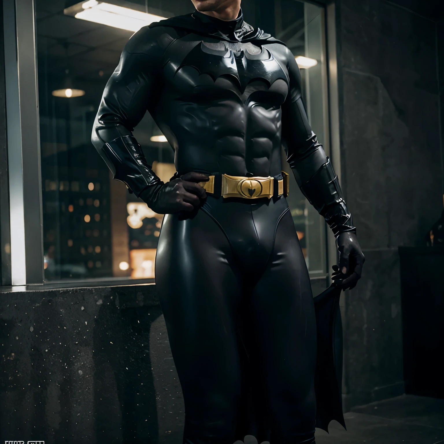 Batman showing his bulge in latex leggings