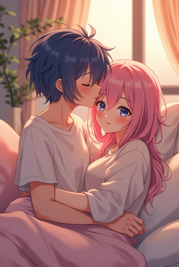 Two cute anime femboys in bed cuddling