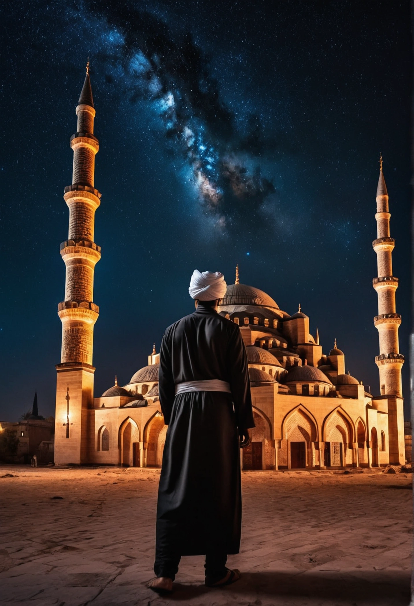 On a night dark sky with some stars A man wearing jubba and turban in dark sweet sodium light showing his backside, the background has a Turkey mosque its for a wallpaper High Quality