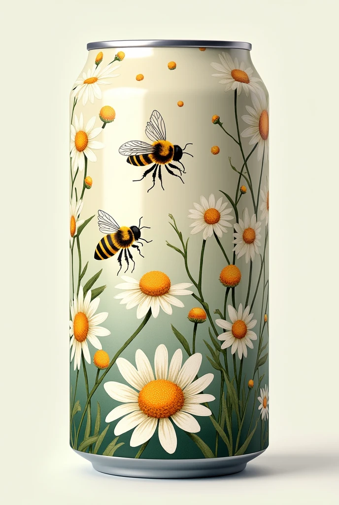 Soda can with a very detailed chamomile and bee print 