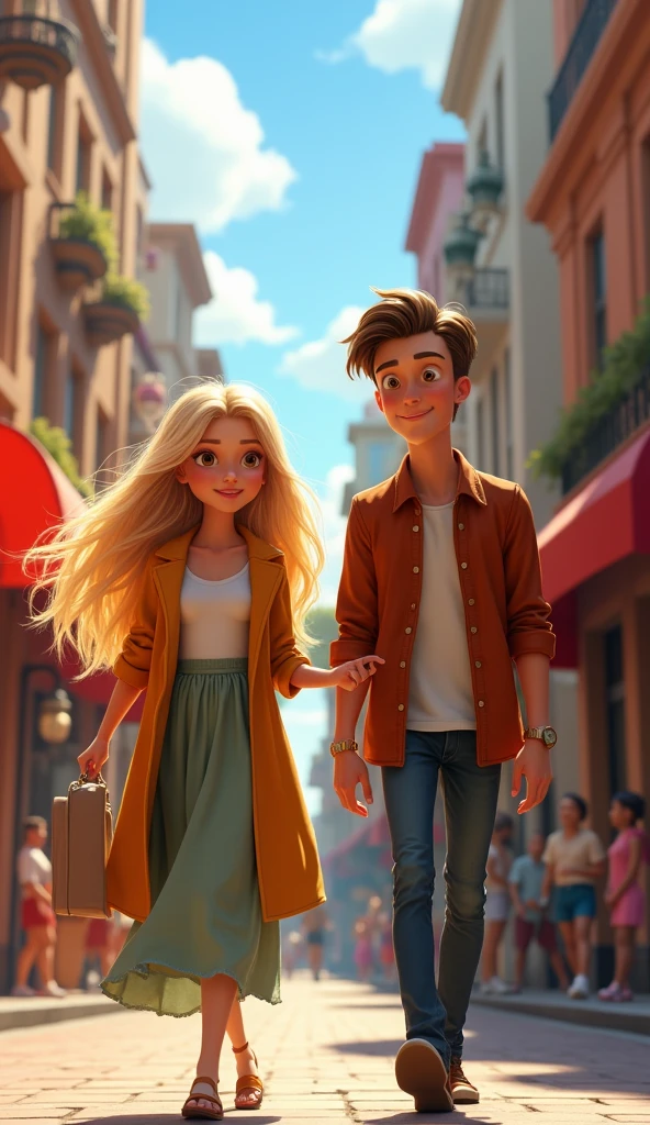 A blonde young woman walking down the street with a handsome guy, pixar style, cinematic, masterpiece, high-aesthetic, portrait