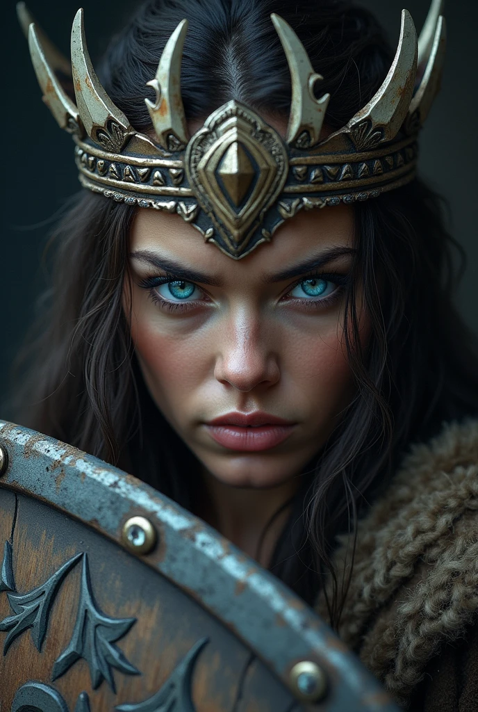 Close up face beautiful viking woman, traditional shield in hand , strong blue light in the eyes, crown of the goddess freya , tribal design on the eyes, Angry, bone ornaments on the neck, battle armor, with hate, focused