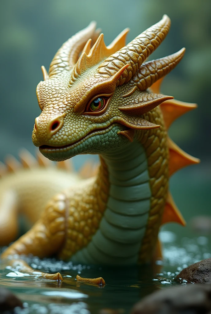 A reinforced, undulating carapace defines the shape of a bronze dragon's head. Curved horns extend from the ripples, accompanied by smaller horns on its lower jaw and chin. To help them swim, Bronze dragons have webbed feet and smooth scales. A baby bronze dragon is yellow tinged with green