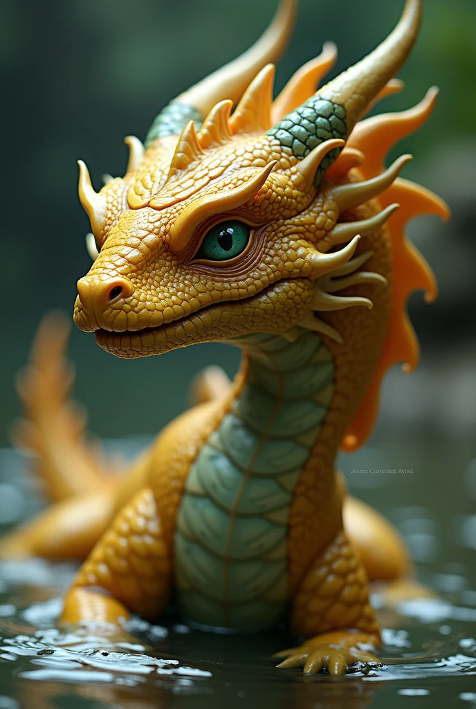 A reinforced, undulating carapace defines the shape of a bronze dragon's head. Curved horns extend from the ripples, accompanied by smaller horns on its lower jaw and chin. To help them swim, Bronze dragons have webbed feet and smooth scales. A baby bronze dragon is yellow tinged with green