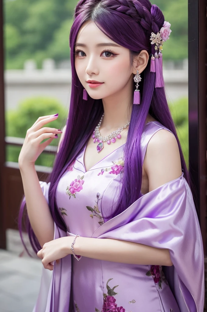 Purple hair, beautiful woman, long hair, hair accessory, Chinese dress, necklace