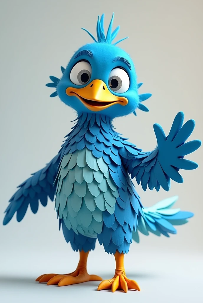 Cute avatar of a blue Tilonorinco bird that is made with parts of recyclable things like paper, bottles and cans that face forward and have one wing raised in an animated greeting for you to follow