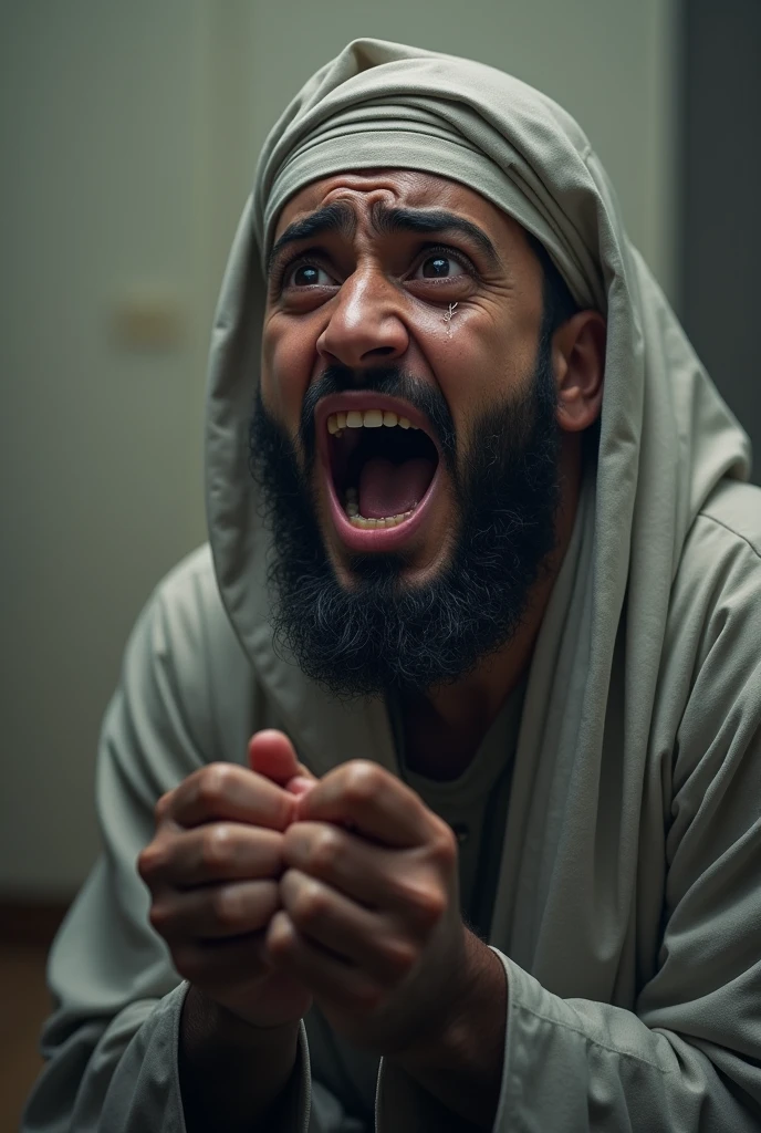 The muslim man is crying to go somewhere