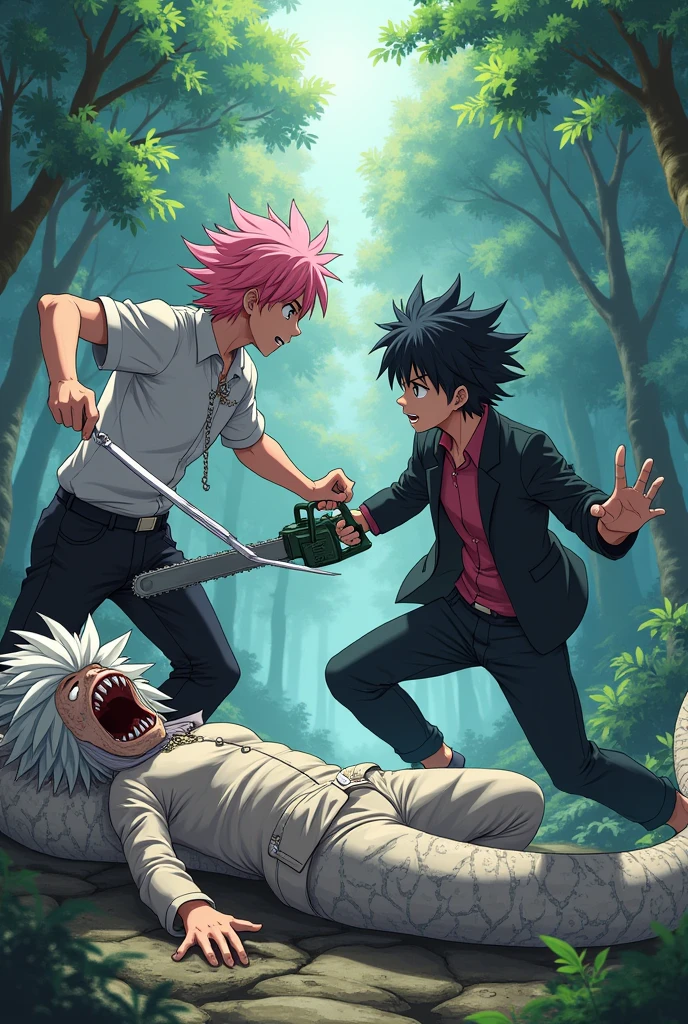 2 adult anime man character with pink hair and beige eyes wearing a brown shirt and black pants in a forest generating sharp annoying bones and white blades, Strong adult male character with black hair and black eyes, , serious anime man with a chainsaw with chains and a 12 meter snake under him, wounded with cuts on the body full body
