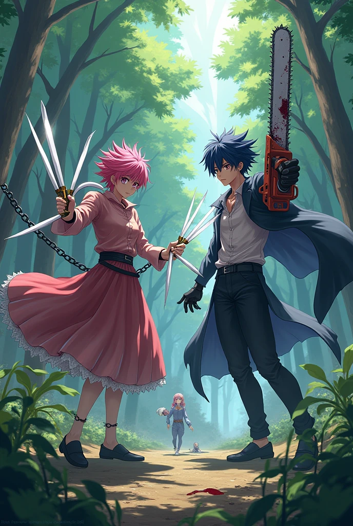 2 adult anime man character with pink hair and beige eyes wearing a brown shirt and black pants in a forest generating sharp annoying bones and white blades, Strong adult male character with black hair and black eyes, , serious anime man with a chainsaw with chains and a 12 meter snake under him, wounded with cuts on the body full body