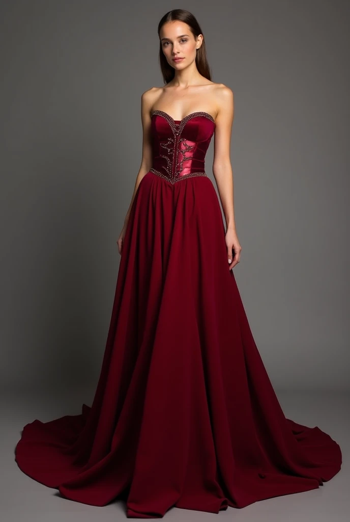 stunning dark red dress with corset top and till long skirt, sparkles on corset, size s,