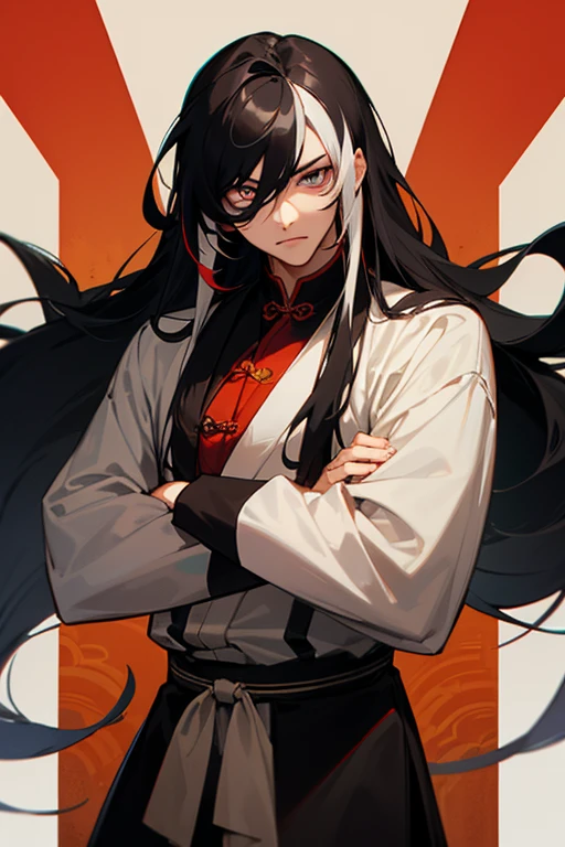 ((Best quality)), Male, black long hair, has some white streak on his hair, tie up, phoenix eyes and his eyes are black, chinese style