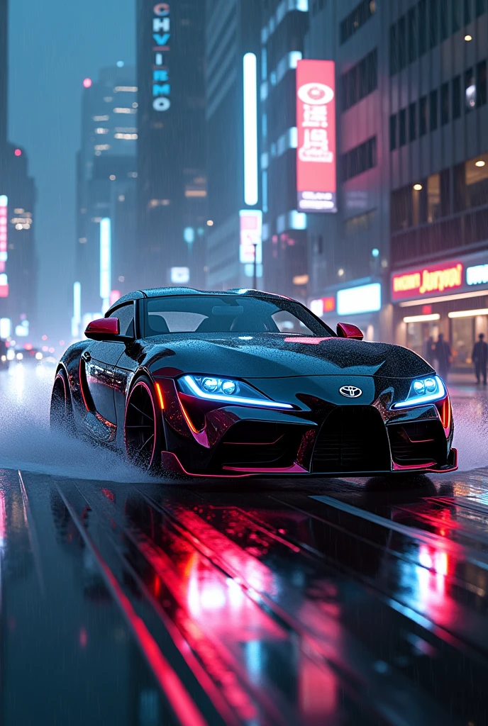 Supra mk5 with neon light and rainy road 