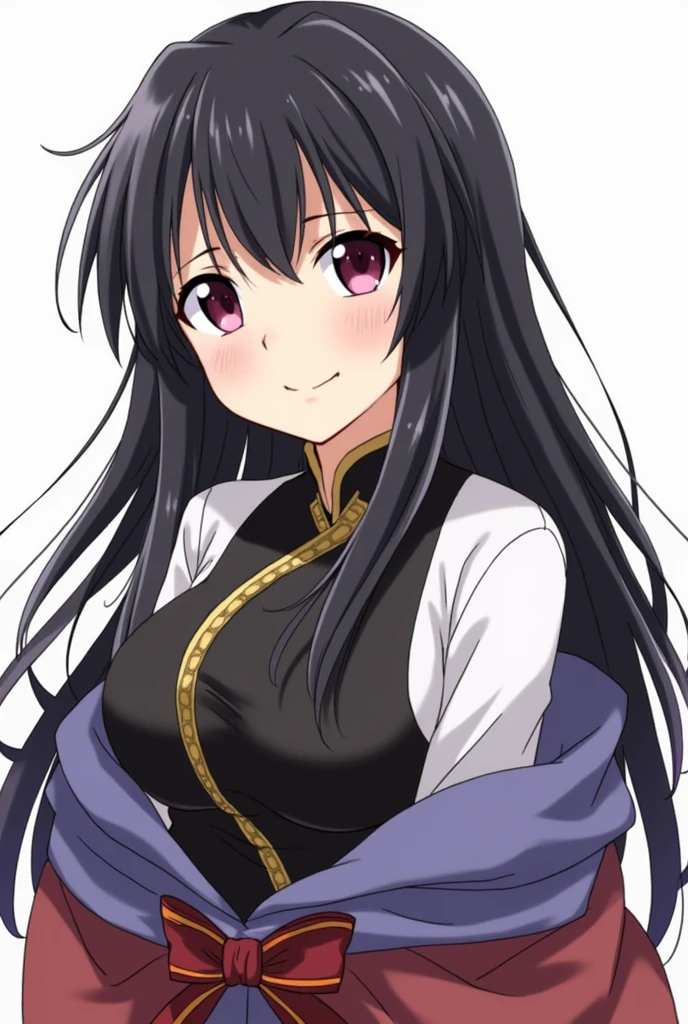 A black-haired female anime character with a beautiful face and wearing a Gaura costume.