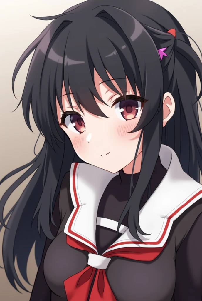A black-haired female anime character with a beautiful face and wearing a Gaura costume.