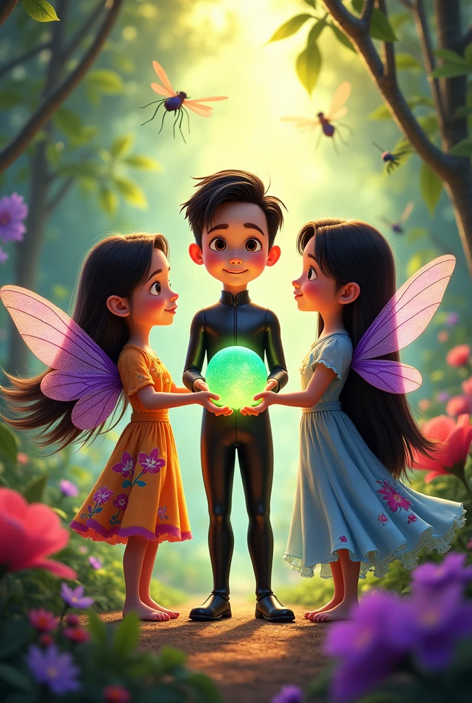 Make a Pixar-style poster. There are three children, the girl on the left has dark brown hair, Caucasian skin, Longhaire, your eyes are black, put on a flowery dress, do with open arms and dragonfly wings on your back. The middle child is a , slickedback hair, with quiff, tem a Caucasian skin, eyes browns, wearing a black leather jumpsuit, is holding a glowing sphere in green and purple colors. The one on the right is a twin of the other one, tem os Longhaire, dark brown, Caucasian skin, eyes black. Put on a blue and purple dress, on his back he has dragonfly wings and his arms are open. Basically, make a beautiful garden, with dragonflies flying and beetles on the ground.