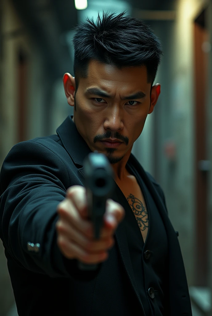 Korean man with tattoo, dark hair, muscular body and a gun in his hand 

