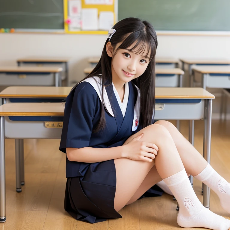 ((high quality,high resolution,High definition,8k)),School classroom, Girl,Long Black Hair,Red ribbon on hair,Navy blue long skirt,Japanese Sailor Suit,Blue and white slippers,White socks,Study desk learning,((((very cute)))),((What to wear(School uniform) or miniskirt kimono or completely naked)),(((When you're naked perfect pussy))),((Realistic schoolgirl vagina:1.2)),(Very childlike),