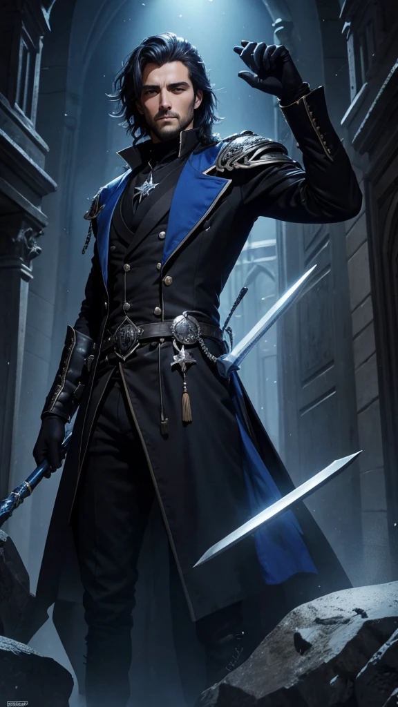 Dieu homme médiéval fantasy, cheveux courts noirs, yeux bleus
