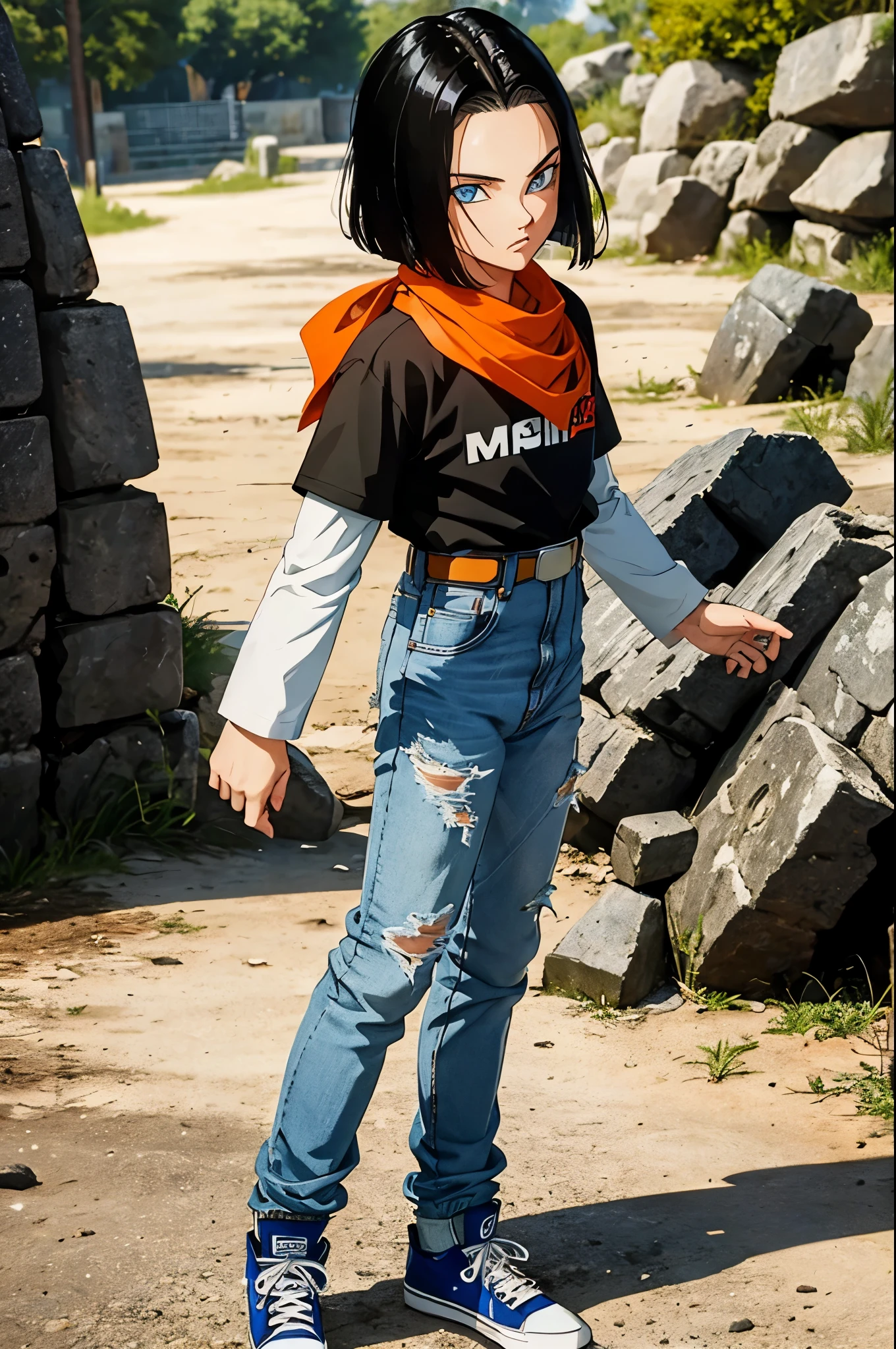 A masterpiece, best quality, detailed and expressive eyes, perfect facial features, high resolution, 1 boy, alone, android 17-inspired boy, (male body:1.3), blue eyes, black hair, parted hair, short hair, black shirt, jeans, layered shirt, white sleeves, orange bandana, blue sneakers, green socks, brown belt, red freckles, outdoor, landscape, standing, portrait, looking at viewer