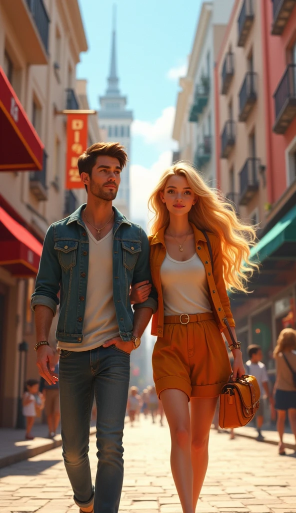 A blonde young woman walking down the street with a handsome guy, pixar style, cinematic, masterpiece, high-aesthetic, portrait