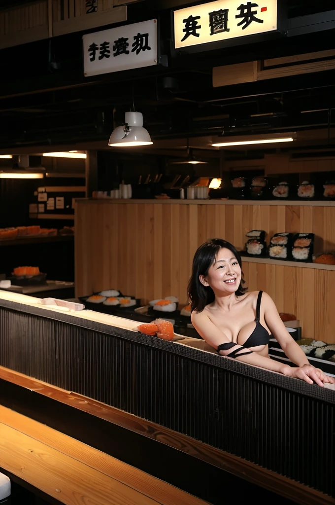 {{NFSW}},(((NUDE))),(((Black Bikini Underwear))),{{{nude}}},{{{Browsing Caution}}},((japanese mature woman 4)), ((Highest quality, 8k, masterpiece: 1.3, Realistic)), (Inside a conveyor belt sushi restaurant),(Looking at the audience), (((NUDE))),Attractive woman, sexy Large Breasts,,Smile,{Laughter　lingerie）,（Black Bikini Underwear））、((Large Breasts)),(((Black Bikini Underwear))),(((Inside a conveyor belt sushi restaurant)))、Japanese Mature４５age、