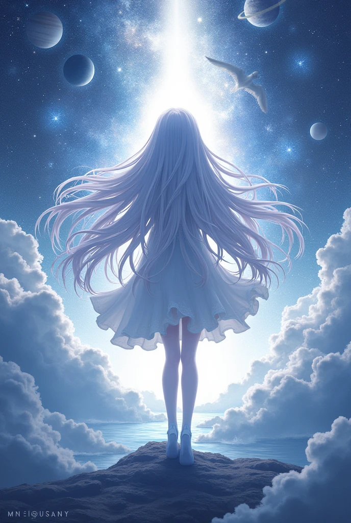Space, cosmos, planets, galaxy, White Light Silhouette background of a very long bright hair , anime style.
