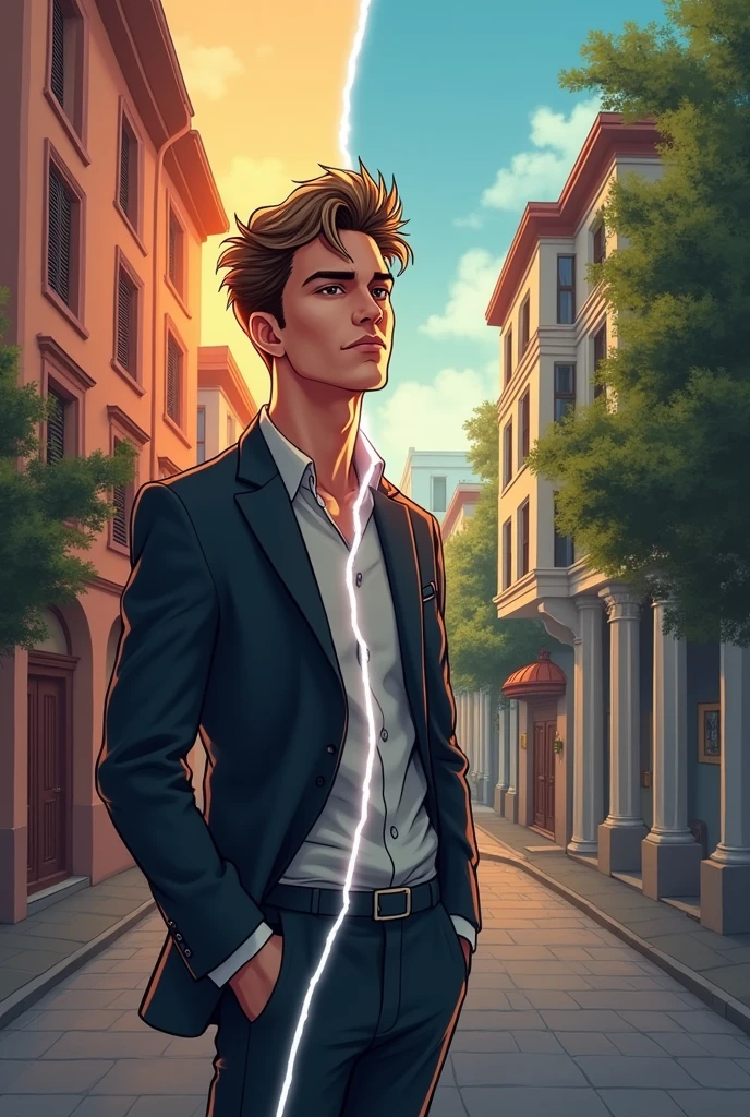 The cover divided into two parts. in a, the effeminate gay appears in a more humble setting, like a simple street; in the other half, he appears in the luxurious surroundings of the mansion. The transition between the two worlds is marked by a smooth line, symbolizing the passage between two realities.