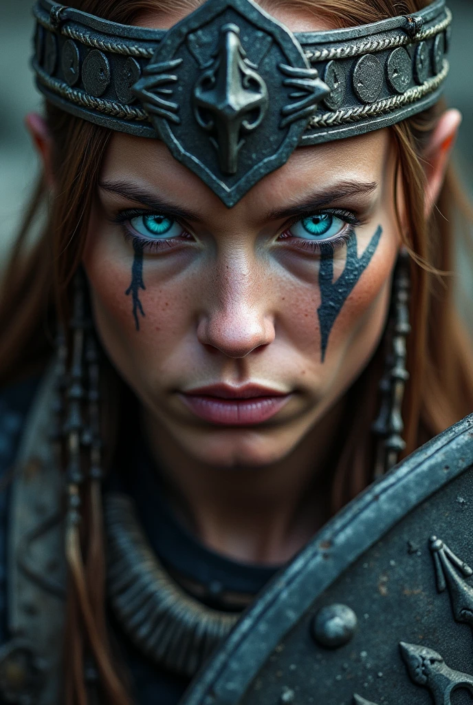Close up face beautiful viking woman, traditional shield in hand , strong blue light in the eyes, crown of the goddess freya , tribal design on the eyes, Angry, bone ornaments on the neck, battle armor, with hate, focused