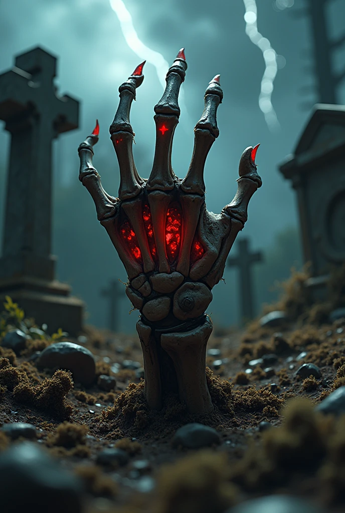 A decayed, skeletal hand emerges from the dirt in a dark, eerie cemetery. The hand pushes through the earth, with dirt and debris falling off its bony fingers, still covered in patches of decayed skin. The ground around the hand is cracked and disturbed, with roots and weeds tangled in the soil. The scene is lit by an ominous red glow emanating from a nearby pentagram, casting eerie shadows over the overgrown tombstones and broken graves. The stormy sky above is dark and heavy, with flashes of lightning illuminating the scene briefly. Everything is rendered in ultra-realistic detail, from the textures of the decayed hand to the gritty dirt and aged tombstones, making it appear lifelike and unsettling.
