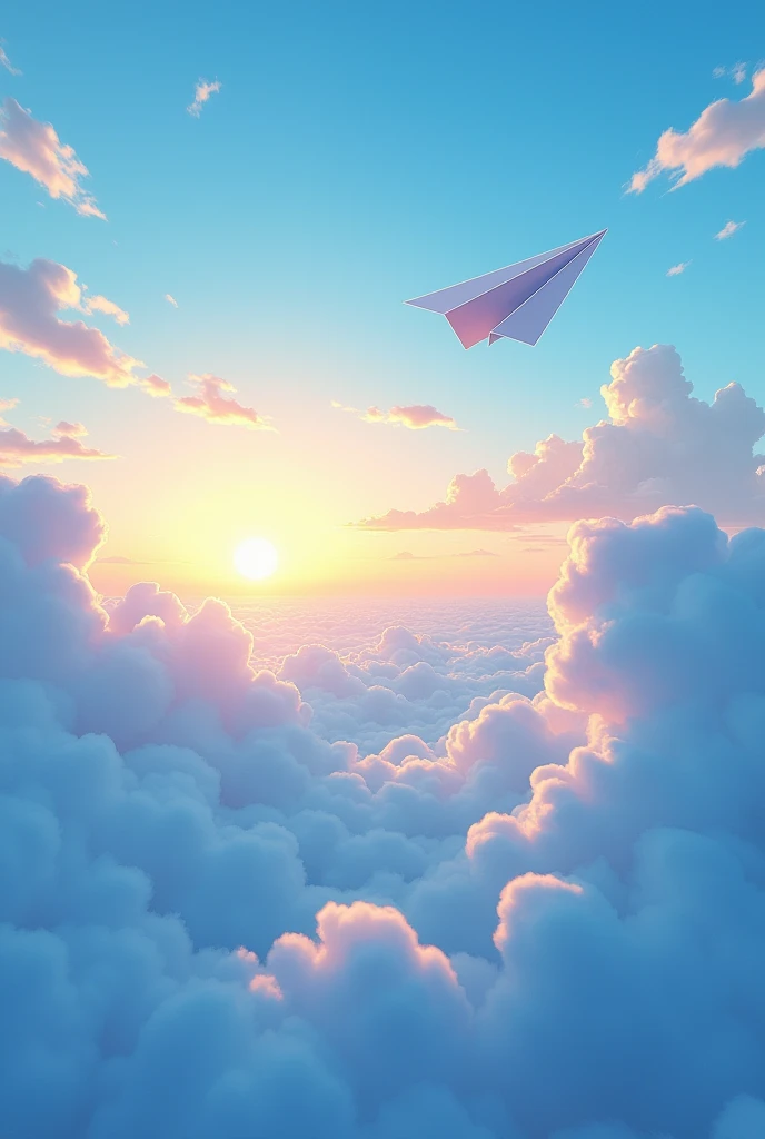 An ultra-high-resolution animated illustration depicting a sky with a rising sun and a paper airplane flying over blue clouds, viewed from above, displayed on a very wide screen.