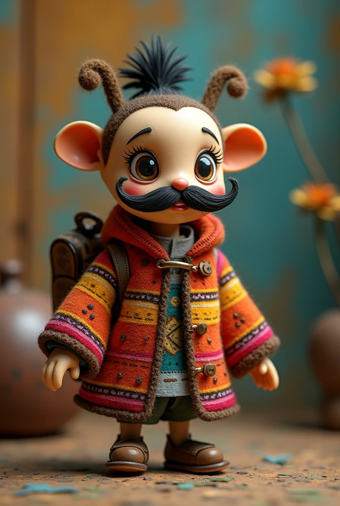 doll with mustache, poncho and bag