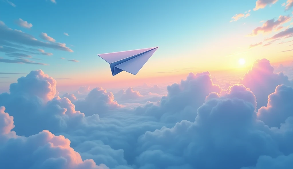 An ultra-high-resolution animated illustration depicting a sky with a rising sun and a paper airplane flying over blue clouds, viewed from above, displayed on a very wide screen.