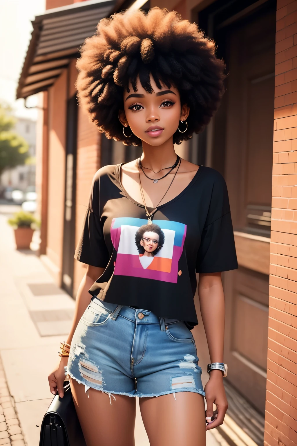 20 years old black girl. with an afro haircut. She is trendy and colourful. She's outgoing and happy.