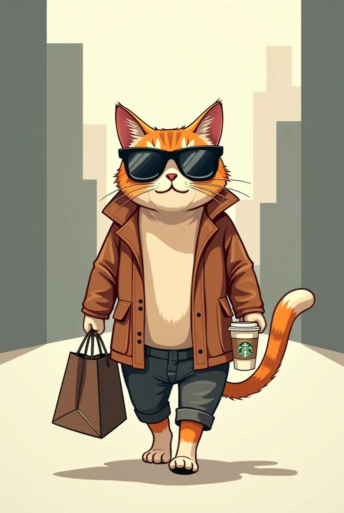  Logo of a friendly cat walking through the city, very conceited, with sunglasses and drinking a Starbucks-style coffee, with a cocky walk and some bags in his other hand, with a posture of "I Deserve It". Remember it&#39;s a logo, so it must be vector style. It must be a minimalist logo