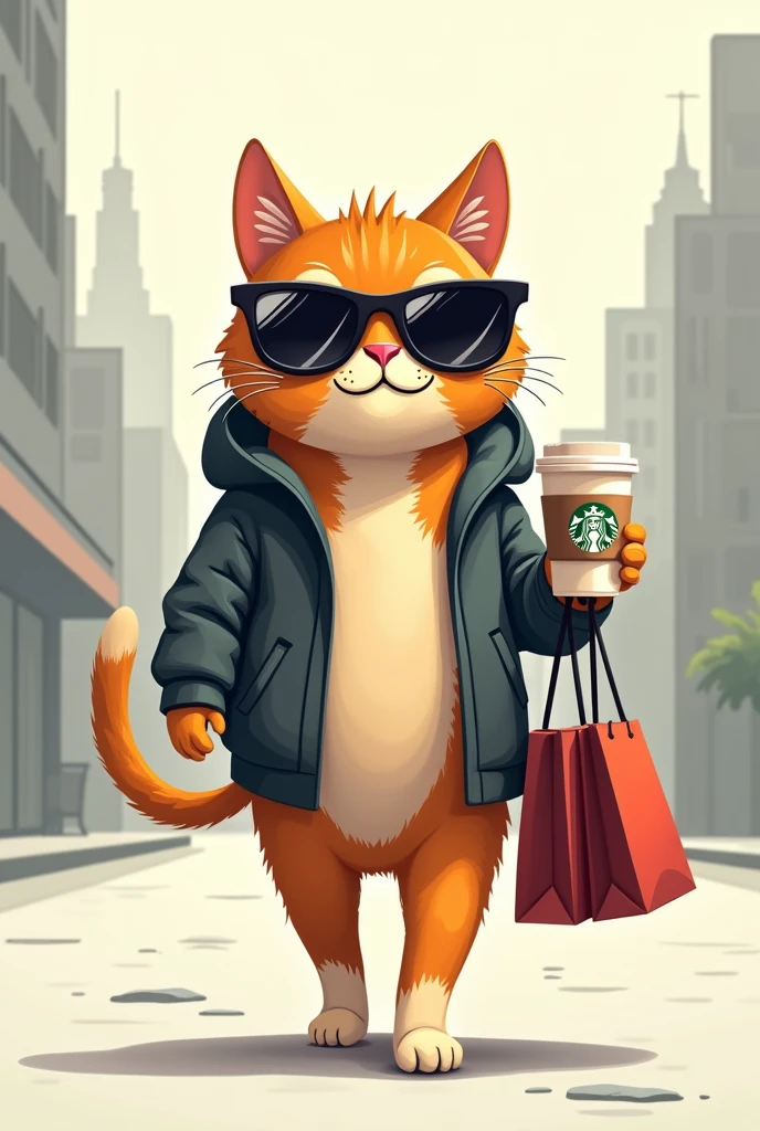 Logo of a friendly cat walking through the city, very conceited, with sunglasses and drinking a Starbucks-style coffee, with a cocky walk and some bags in his other hand, with a posture of "I Deserve It". Remember it's a logo, so it must be vector style. It must be a minimalist logo