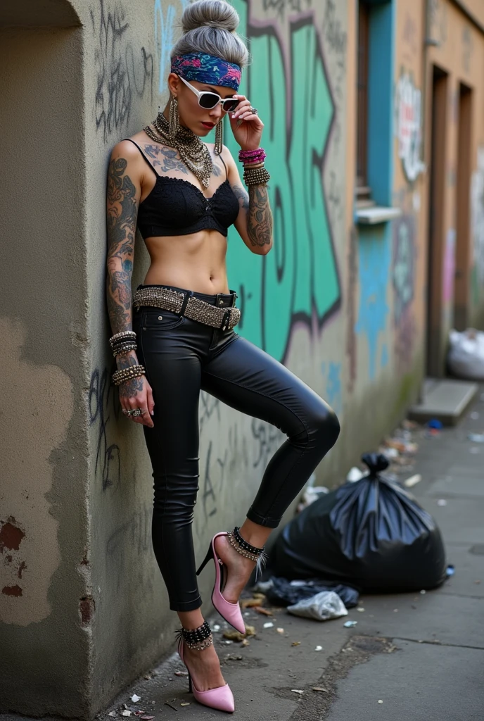 russian milf woman, grey hair (bouffant, top bun) and oversized square sunglasses and wide colourful bandana as headband, with very light green eyes, extremely pale. Big lips. Black lace push up bra, silicone breast,, tight skinny black low rise leather jeans. Light pink high heel mules. Lots of thick wide studded bracelets, chain necklaces and big rings,. Two loose studded belts. Long earrings with chains and feathers. Back against a wall, separated legs, touching her hair with both hands. Chin down, looking down at the ground, Neck, chest, stomach and wrists heavily tattoed. Toned abdominals, thin neck, slim legs and thin arms. Narrow hips. Full body. At a dead end street with graffitied walls, ground littered with waste and black plastic garbage bags. Full body