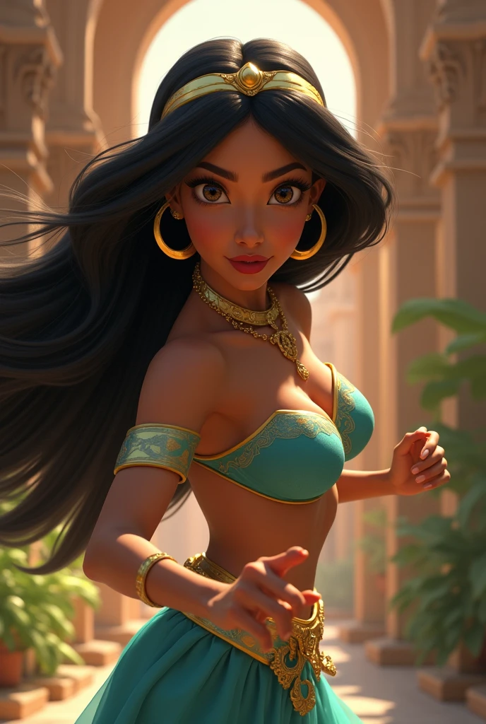 Stunning Princess Jasmine, photo in 8k, in action, cinematic.