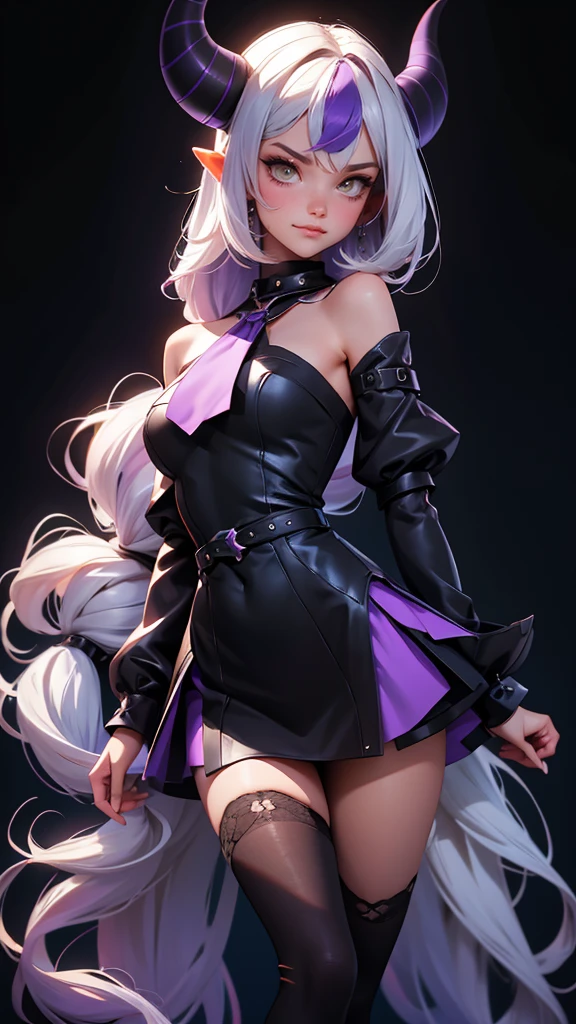 envision a 8k, highres, cinematic, beautiful full body design sheet of a girl named Laplus Darkness with long white muilticolored hair, a Large Metal Collar, purple color scheme, sleeves past wrists, sleeves past fingers, braid, Long sleeves, single leg pantyhose, ascot, Black footwear, Dress, Metal collar, long boots, Black Dress, Collar, pantyhose, single thigh high, Evil smile, Exposed arms, against a dark background