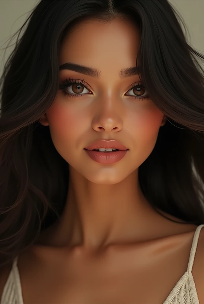 A model of Guatemalan descent, featuring caramel skin, dark hair, and almond eyes, with natural makeup emphasizing her high cheekbones and luscious lipsby Alphonse Mucha